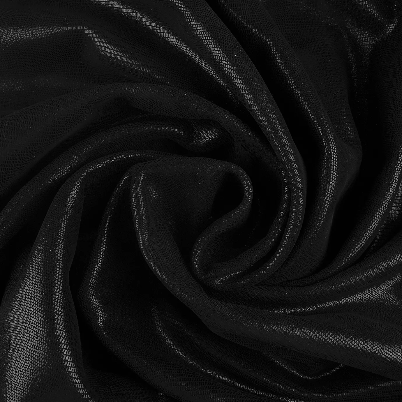 Close-up Salamander Black Leather: metallic black leather with a scaled texture. Features spiraling folds and dark light reflections.