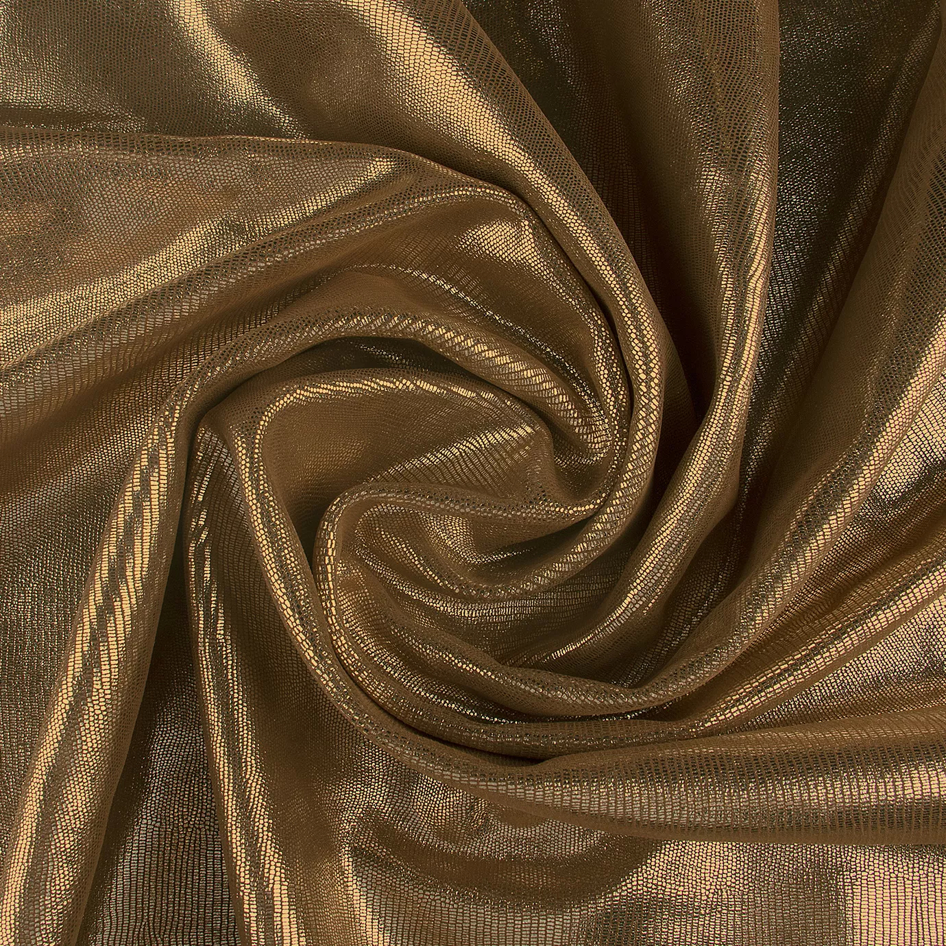 Close-up Salamander Cognac Leather: metallic cognac brown leather with a scaled texture. Features spiraling folds and golden light reflections.
