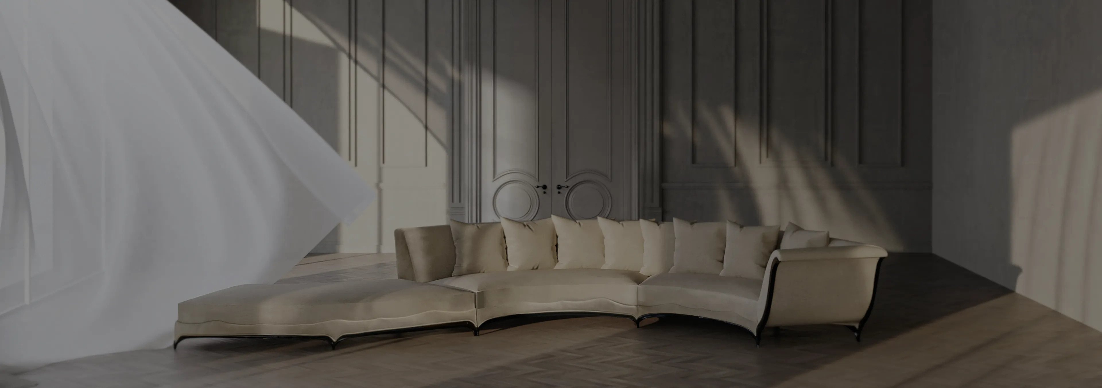 Luxurious cream Heavenly Sofa with subtle curves, sunlight streaming through a window with sheer white curtains.