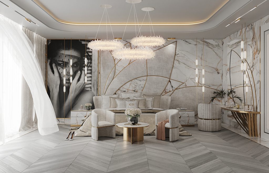 The Cuff Chair by KOKET featured in a luxurius bedroom and bath designed by Caroline’s Design