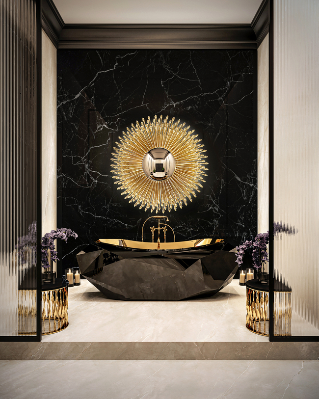 Exquisite Bathroom Design with KOKET's divine Goddess Mirror and the iconic Mandy Stool, and Maison Valentina's Diamond Bathtub.