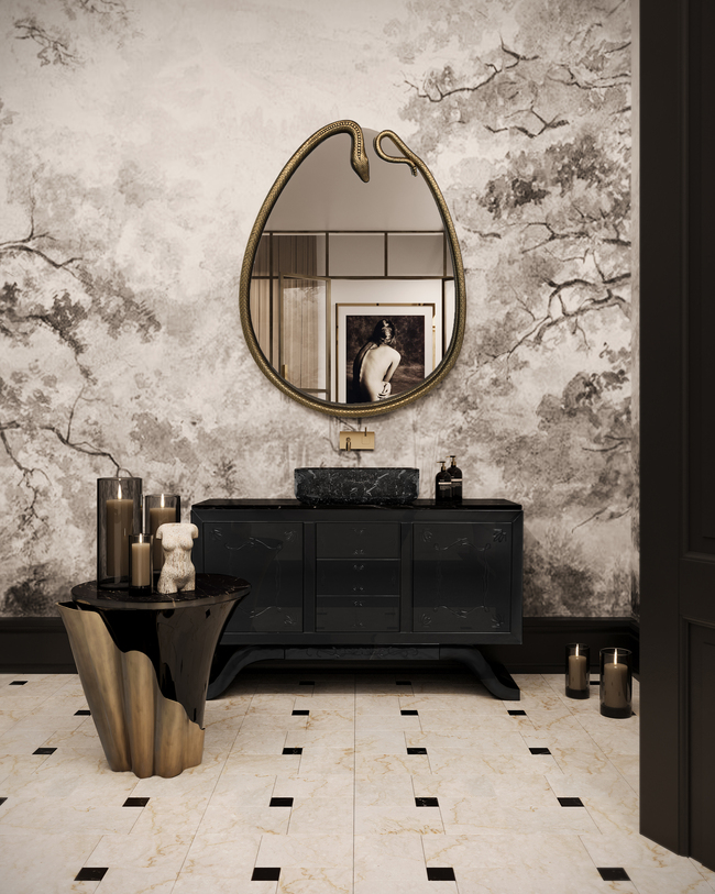 Luxurious Bathroom Project featuring Maison Valentina's Metropolitan Vanity Cabinet and KOKET's Serpentine Pear-Shaped Mirror and Yasmine Aged Brass Side Table.