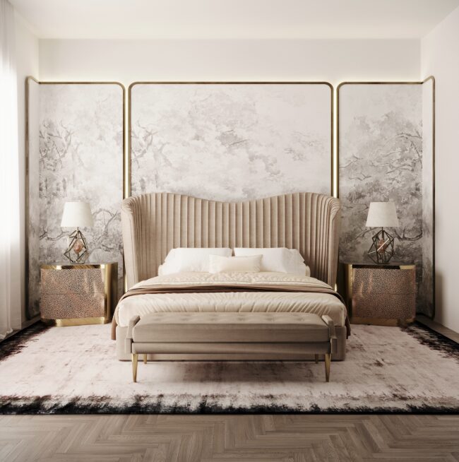 Master bedroom project by KOKET featuring the Kelly Bed, Poêm Nightstand, Gem Crystalized Table Lamp and Ignite Bench in stunning cream tones.
