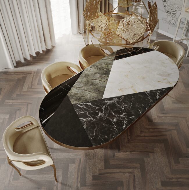 Luxury Dining Room project by KOKET, featuring our exquisite Decodiva Dining Table, with a luxurious marble top, our iconic Chandra Chair and the enchanting Hypnotic Chandlier.