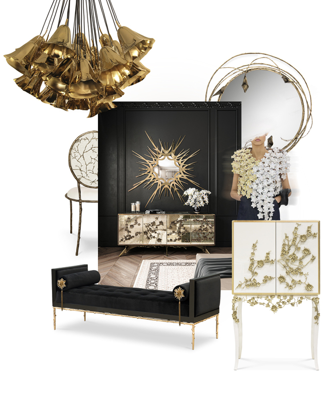 A set of different pieces of furniture, all of them black or white, with goldem floral adornments. Some of the pieces seen are mirrors, a cabinet, a chandelier, cabinets, among others,
