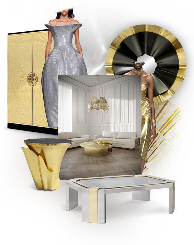 A set of different furniture pieces and fashion inspiration, in golden, silver and white tones. There's a golden and black mirror,  two golden tables, an armoire, and also two models in silver and golden dresses. 