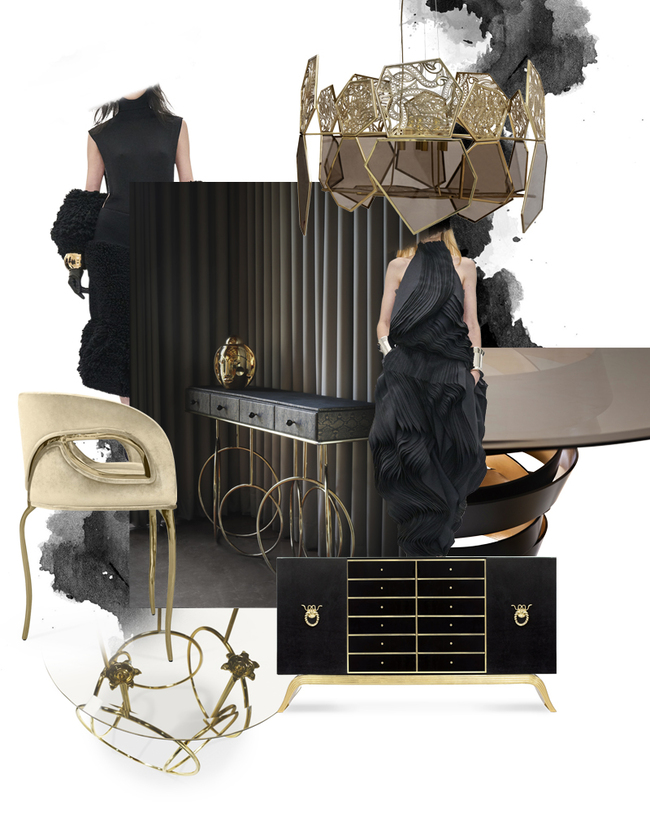 A moodboard with black and golden pieces of furniture and clothing. The moodboard includes pieces such as a golden chandelier, a cream and golden chair, a black and golden cabinet and a glass table.
