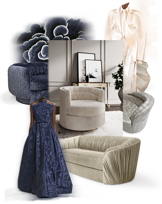 Moodboard in blue and grey hues, with furniture and fashion inspirations, such as curvy sofas and chairs as well as flowy pieces of clothes.
