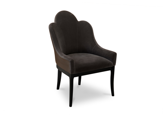 Anastasia Dining Chair: Curvy lined chair, with borwn upholstery and a black structure.