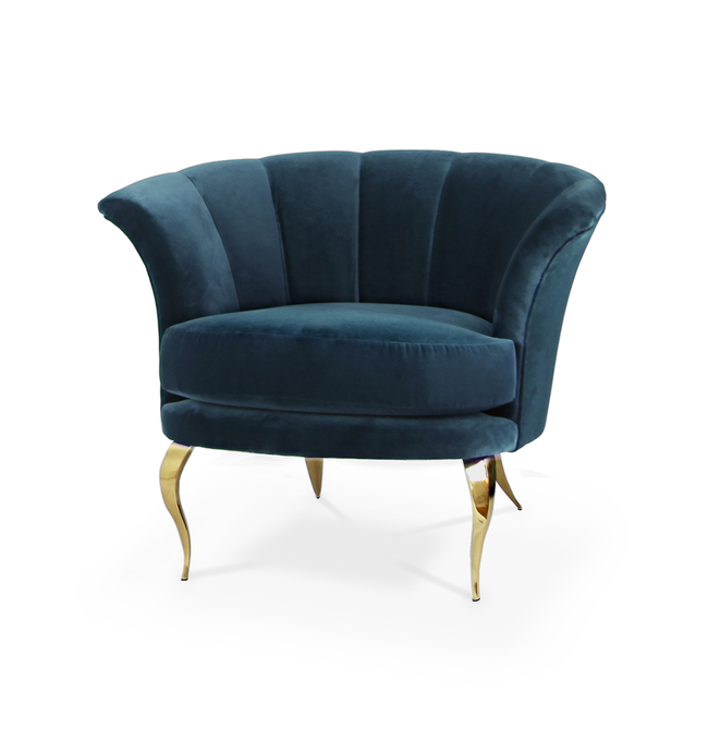 Dark-green chair with a modern curvy design. Its golden metal legs have a scultural form.