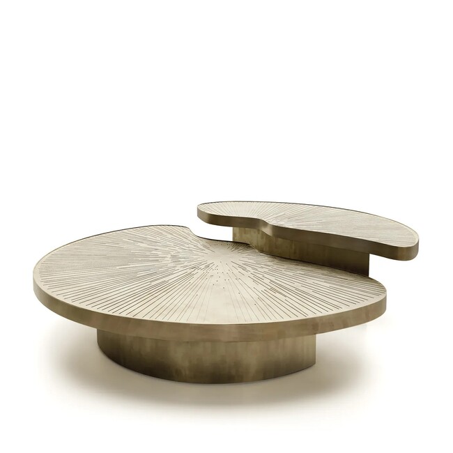 Glamourous aged brass Myth Coffee Table has a round shape, is divided in two different heighted parts
