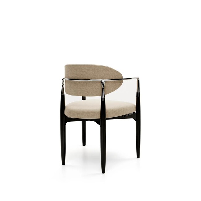 Nahéma Chair: contrasting with its black structure, the chair has velvet upholstery in beige tones, with luxurious golden details.