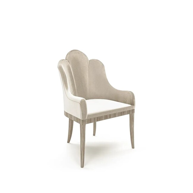 Anastasia Dining Chair: Curvy lined chair, with a cream velvety upholstery and a structure in the same color.