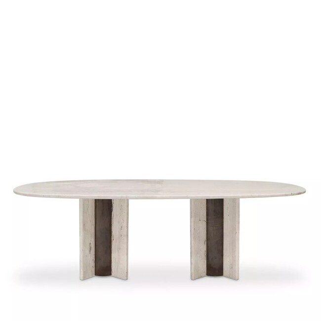 Oval Travertine marble table with two feet in cream and brown hues, perfect for an outdoor dining al fresco space.