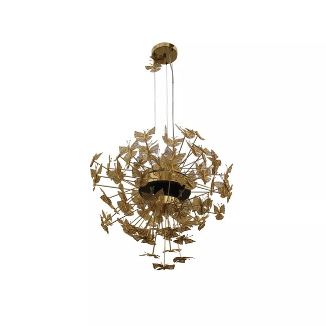 The Nymph Chandelier is inspired on butterflies, with multiple representations of this rare and beautiful animal in golden hues hovering in the air.