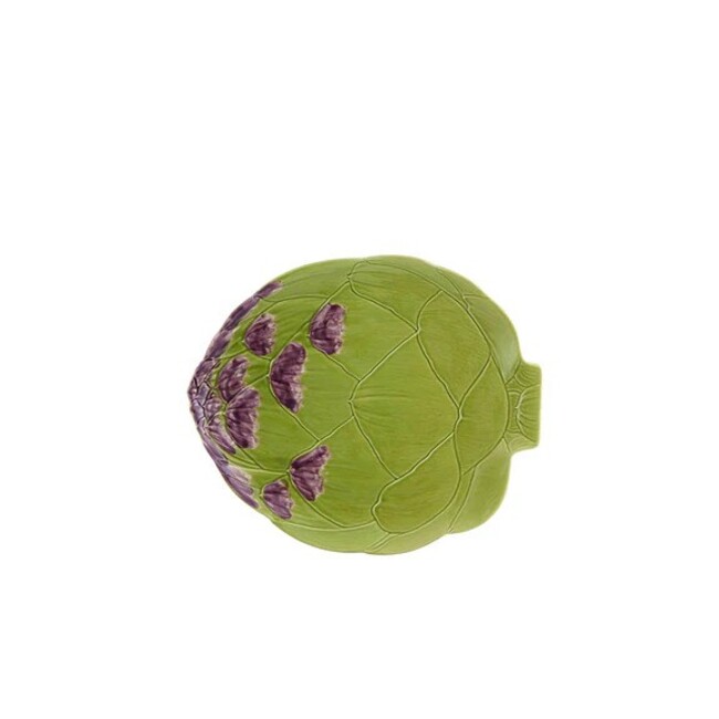 A porcelain green tray with natural motifs, resembling purple flowers.