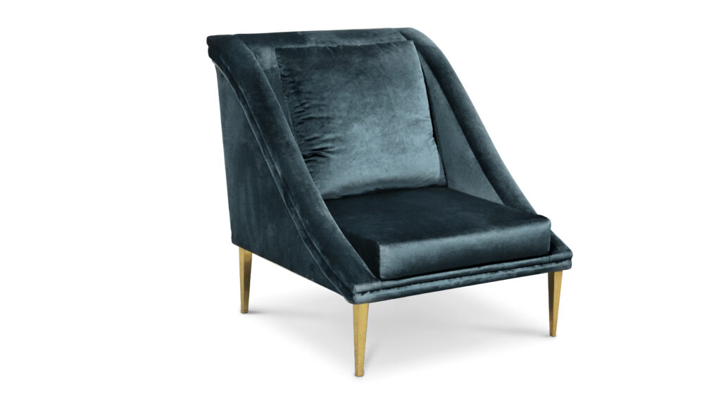 Elegant dark-green velvety upholstery chair, with contemporary but simple lines, and a golden metal structure.