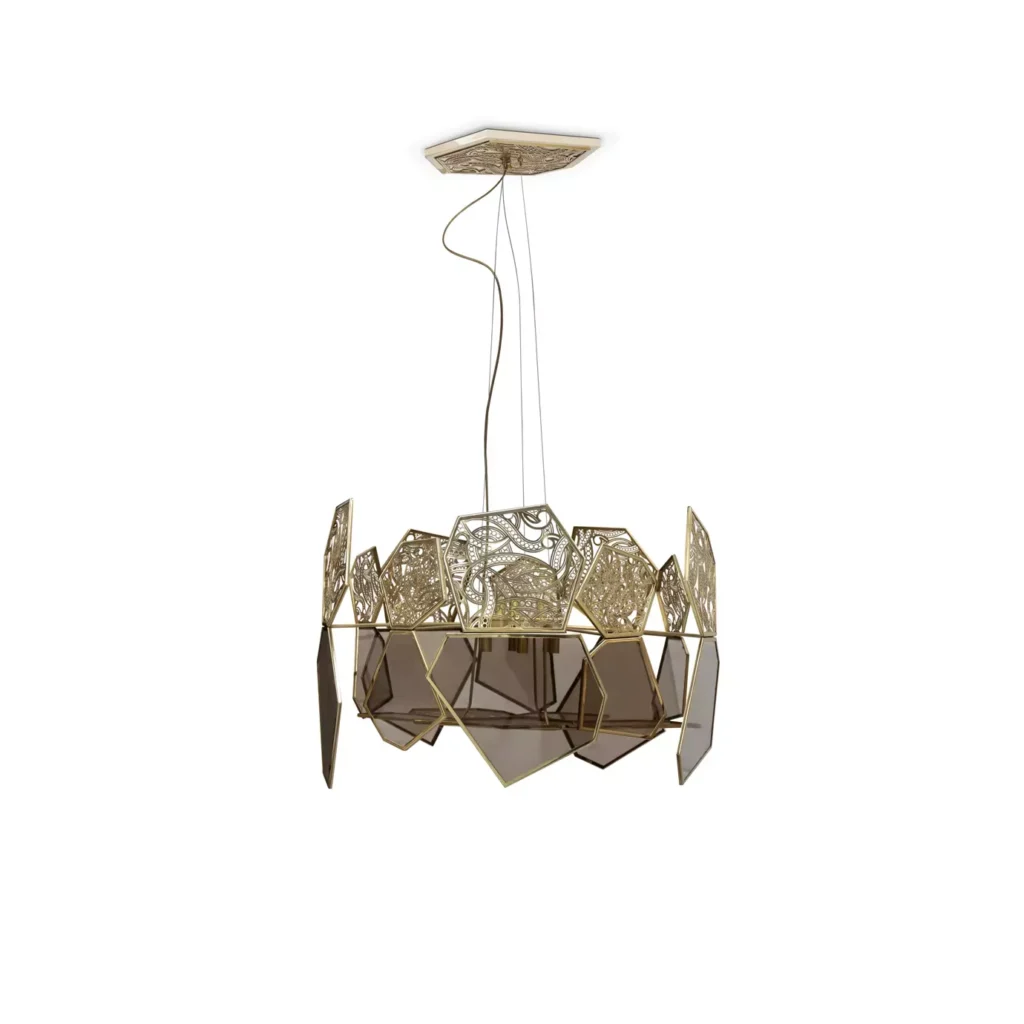 Hypnotic Bronze Glass Chandelier showcases a golden metal structure with intricate designs and bronze glass. 
