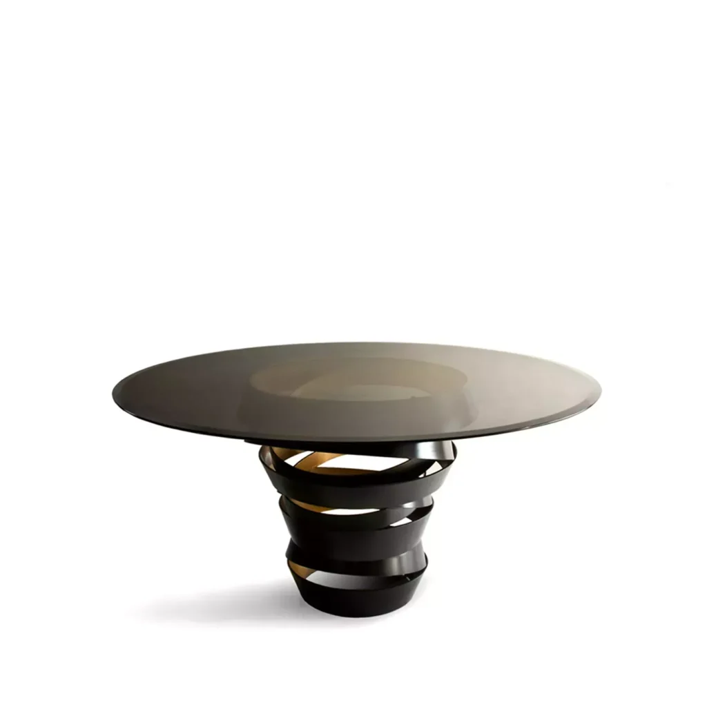 round dining table modern feminine style swirling base glass top koket duabi