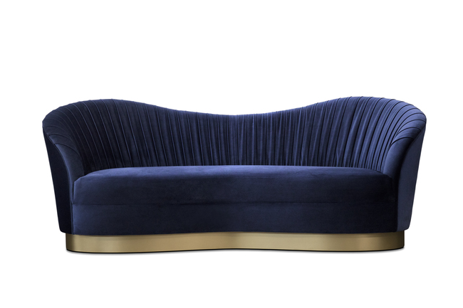 Dark-blue upholstery Kelly Metal Base Sofa has a flowing design and a luxurios golden metal base.