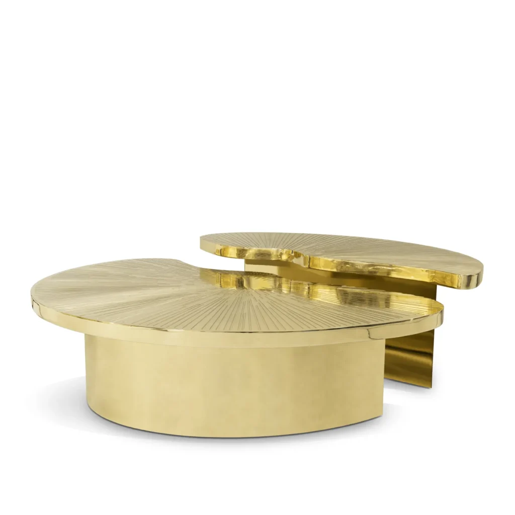 myth coffee table detail etched brass furniture two parts nature inspired design