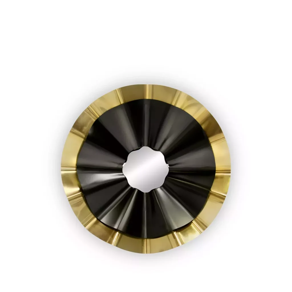 A Revê Mirror with a golden and black two-tier wavy frame. 