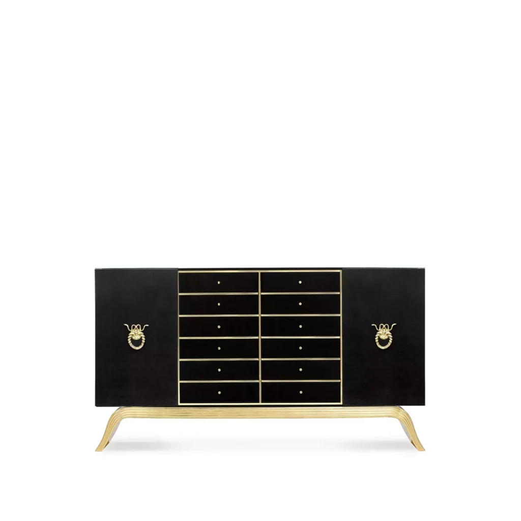 Sinful Cabinet: covered in black leather upholstery, this cabinet features multiple drawers and golden accents.
