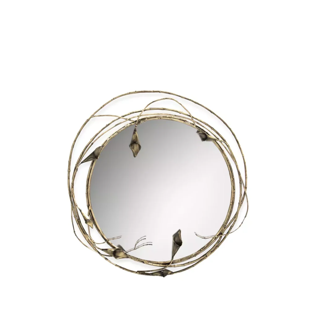 Stella Mirror in a circular form with a copper-collored artistic floral frame, resembling intertwined stems and Calla Lilies around the clear mirror.