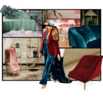 Hospitality Design Trends: Exploring the Role of Upholstery Moodboard of different sofas and armchairs, in diferent shades of green, pink and red. In the center of the moodboard, there is also a model dressed with the same colors as the sofas and armchairs.