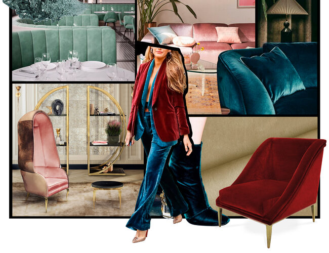 Moodboard of different sofas and armchairs, in diferent shades of green, pink and red. In the center of the moodboard, there is also a model dressed with the same colors as the sofas and armchairs.