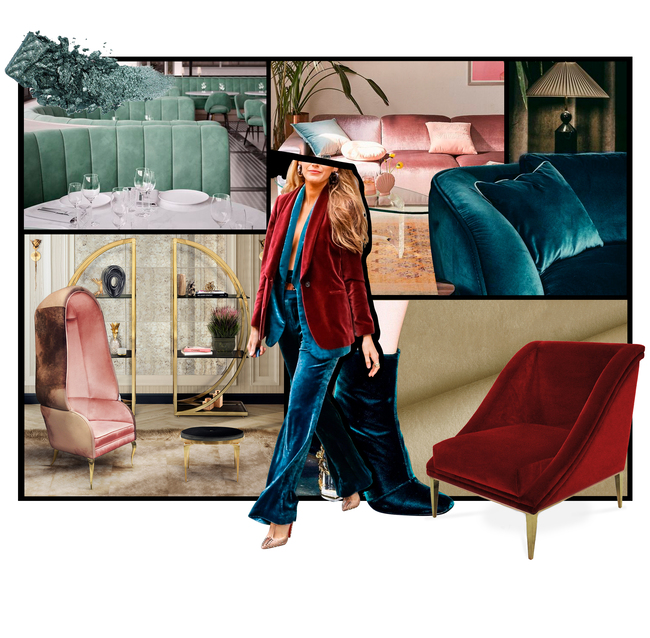 Moodboard of different sofas and armchairs, in diferent shades of green, pink and red. In the center of the moodboard, there is also a model dressed with the same colors as the sofas and armchairs.