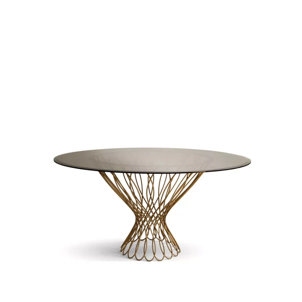 Sophisticated bronze glass top resting on the interlaced golden sillhouette-shaped structure.