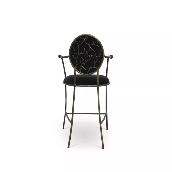 Bar Stool with an elegant backrest resembling branches, this Bar Stool has a luxurious black upholstery.