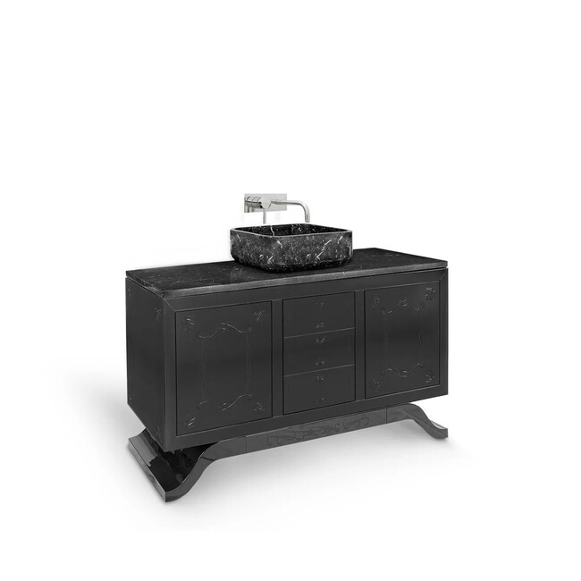 Metropolitan Vanity Cabinet: this luxurious cabinet features dark colors and a marble top.