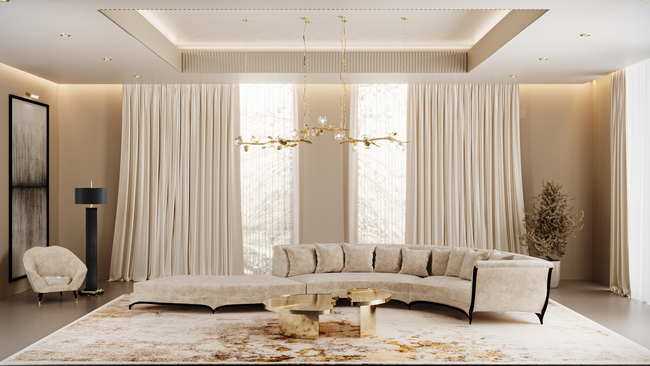 A luxurious living room in neutral tones, with a large cream sofa in the center. The room has also golden accents such as the center table in front of the sofa, or the elegant chandelier above. In the background there are large windows.