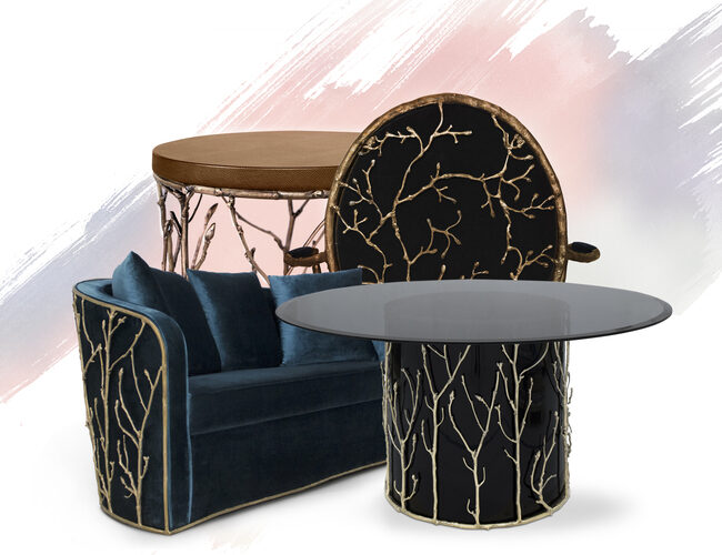 Moodboard of different pieces that integrate the Enchanted Collection: A navy blue sofa, a vlack dining table, a black chair and a brown side table. All of these pieces are adorned with aged brass elements that resemble branches.