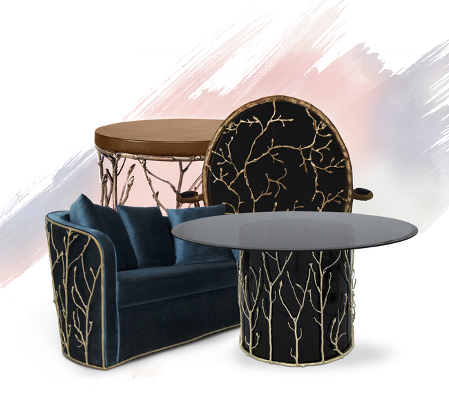 Moodboard of different pieces that integrate the Enchanted Collection: A navy blue sofa, a vlack dining table, a black chair and a brown side table. All of these pieces are adorned with aged brass elements that resemble branches.