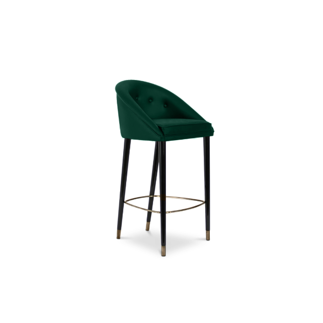 Aberdeen: This visually appealing and comfortably chic bar stool with forest green upholstery and elegant metal details will be the perfect addition to your restaurant interior design.