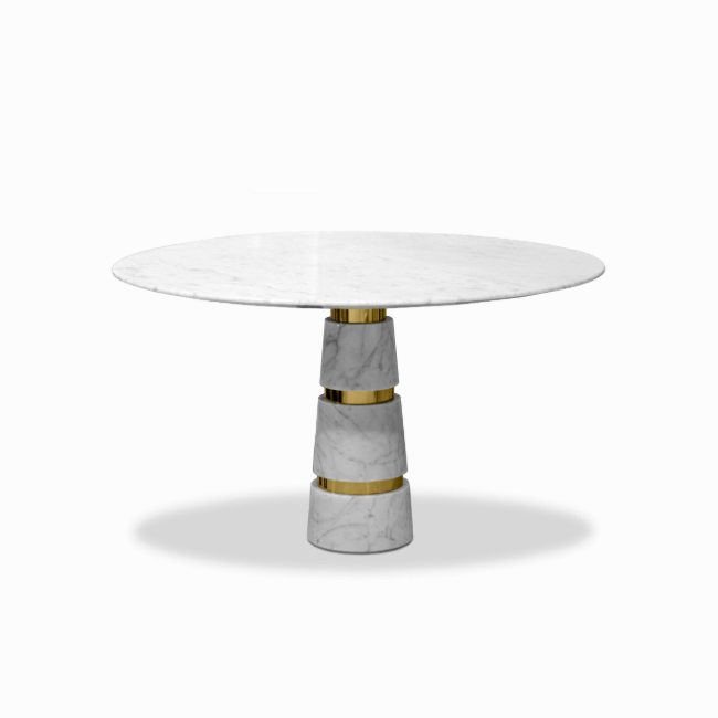 Avalanche: Round Carrara Marble top dining table with a minimalistic and elegant design.