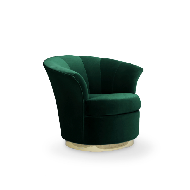 Besame: Upholstered chair by KOKET with plump curves and a metal base in a forest green tone.