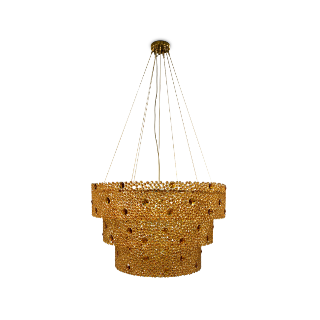 Eternity 3 Tier: statement chandelier with skillfully applied crystals. The three layers are individually wrapped in brass.