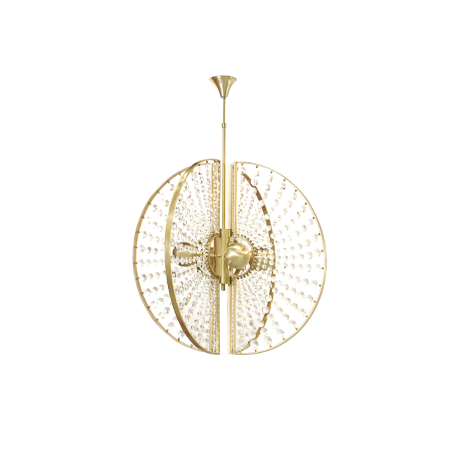 Roxy Chandelier by KOKET: luxury lighting fixture with 4 decadent metal orbs, surrounded by glittering crystal sunbusrt panels and a metal halo.