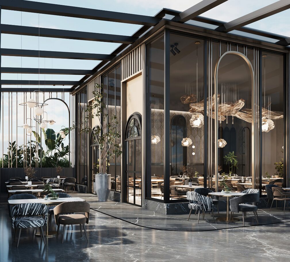 Luxury restaurant interior design with outdoor dining space, connected with the interior through glass walls