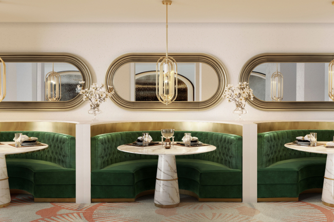 Modern restaurant interior design with unique design elements including an opulent round marble dining table and a statement chandelier.