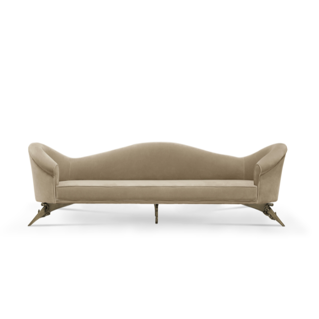 Colette Floral Metal Base Sofa: with cream upholstery and floral motif base, this sofa has a curvy backrest, giving it a modern and galmourous look.