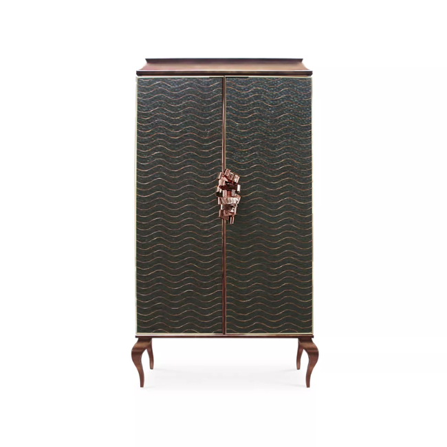 Covered in delicate caramel and dark green peacock feathers, Divine Peacock Organic Feather Armoire has a copper frame and is adorned with a copper ribbon handle.