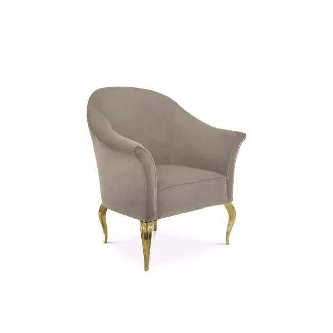 Simple yet sophisticated, the grey toned Mimi Sofa has clean lines. Its golden metal structure gives this interior design furniture piece a luxurious touch.