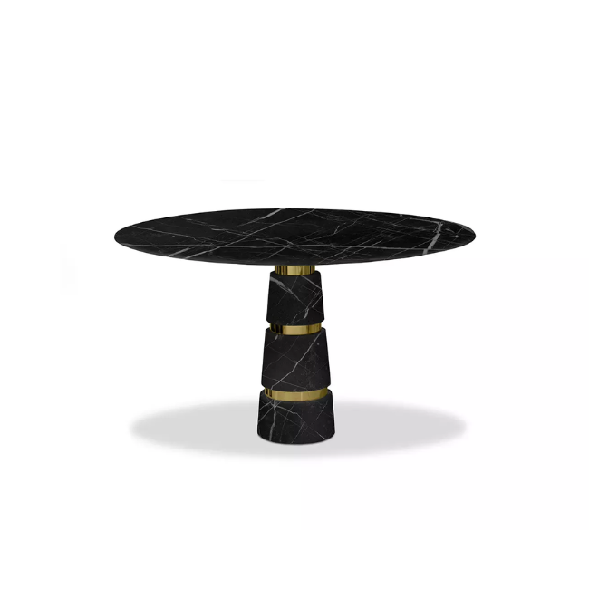 With a round table top and a conical structure, the Avalanche Carrara Marble Dining Table joins black marble with golden details, creating a luxurious combination.