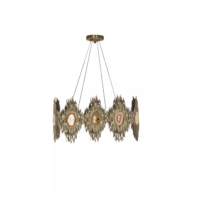Vivre Chandelier has a vintage look, with an aged brass structure with amber agates in the center.
