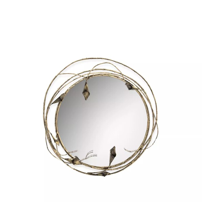 Stella Mirror in a circular form with a copper-colored artistic floral frame, resembling intertwined stems and Calla Lilies around the clear mirror